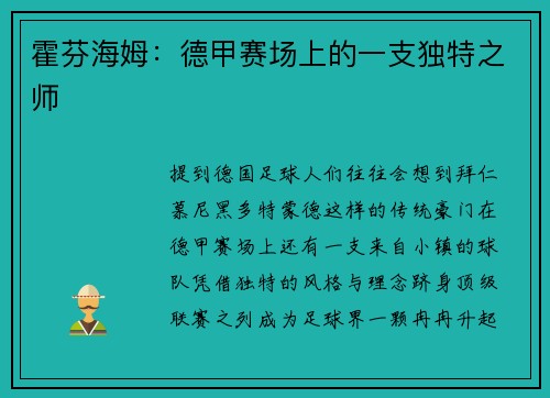 霍芬海姆：德甲赛场上的一支独特之师