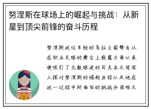 努涅斯在球场上的崛起与挑战：从新星到顶尖前锋的奋斗历程