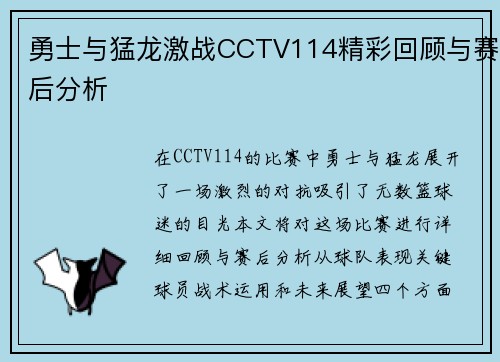勇士与猛龙激战CCTV114精彩回顾与赛后分析